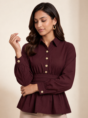 Burgundy Waist Pleated Hip Top 91823